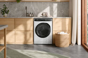 Washing machine in a laundry room.